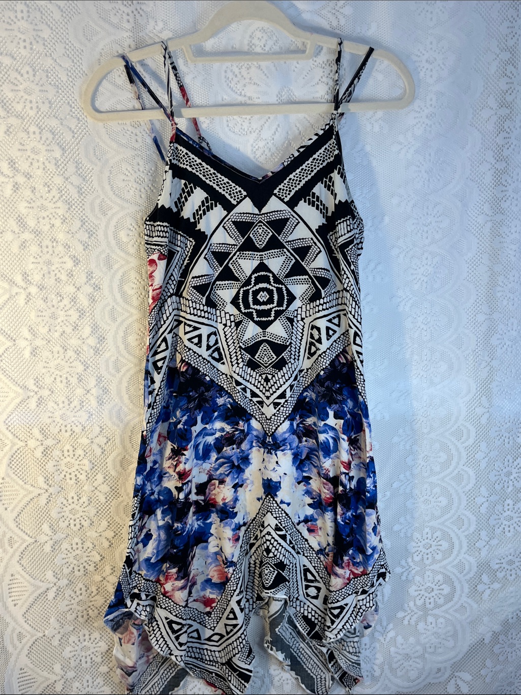 5for$15boho Geometric & Floral Handkerchief Hem Dress - Blue, Black, White S